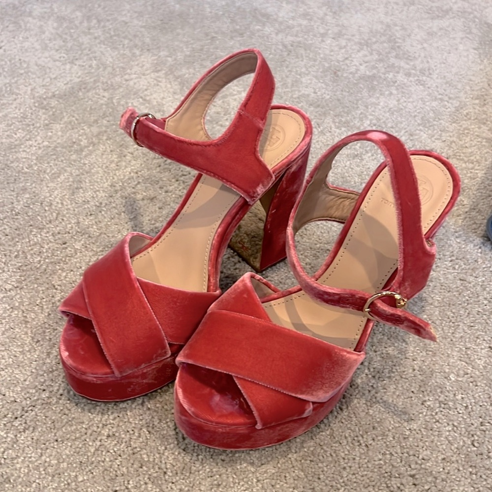 Tory Burch pink velvet platform sandals